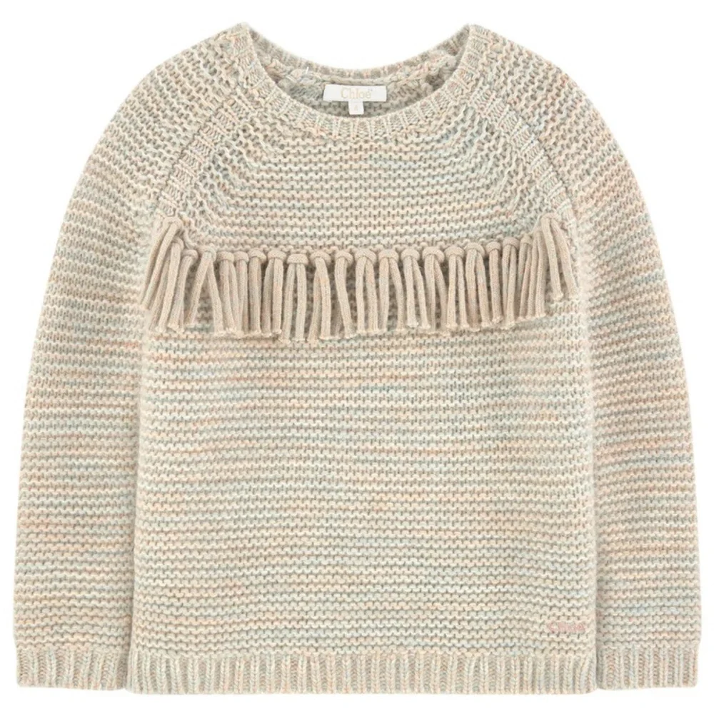 Chloé Beige Wool Knit Sweater with Fringe Accent